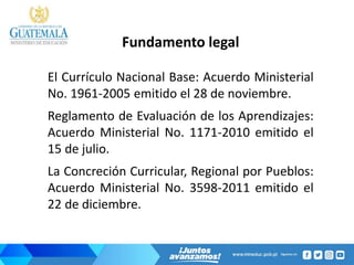 Fundamento legal
El Currículo Nacional Base: Acuerdo Ministerial
No. 1961-2005 emitido el 28 de noviembre.
Reglamento de Evaluación de los Aprendizajes:
Acuerdo Ministerial No. 1171-2010 emitido el
15 de julio.
La Concreción Curricular, Regional por Pueblos:
Acuerdo Ministerial No. 3598-2011 emitido el
22 de diciembre.
 