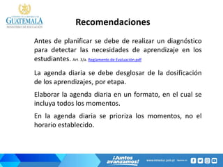 Recomendaciones
Antes de planificar se debe de realizar un diagnóstico
para detectar las necesidades de aprendizaje en los
estudiantes. Art. 3/a. Reglamento de Evaluación.pdf
La agenda diaria se debe desglosar de la dosificación
de los aprendizajes, por etapa.
Elaborar la agenda diaria en un formato, en el cual se
incluya todos los momentos.
En la agenda diaria se prioriza los momentos, no el
horario establecido.
 