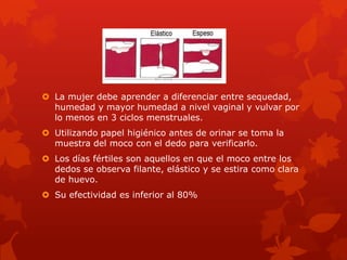  La mujer debe aprender a diferenciar entre sequedad,
humedad y mayor humedad a nivel vaginal y vulvar por
lo menos en 3 ciclos menstruales.
 Utilizando papel higiénico antes de orinar se toma la
muestra del moco con el dedo para verificarlo.
 Los días fértiles son aquellos en que el moco entre los
dedos se observa filante, elástico y se estira como clara
de huevo.
 Su efectividad es inferior al 80%
 