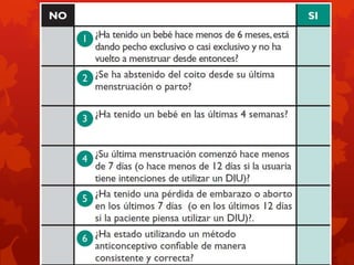 CUESTIONARIO:
 PARA DESCARTAR UN POSIBLE EMBARAZO, deberá de
realizar el siguiente cuestionario antes de dar un método
anticonceptivo hormonal. SI NO SE CUENTA CON
PRUEBAS DE ORINA O SANGUINEA.
 