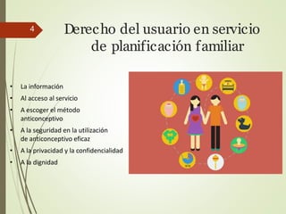 Derecho del usuario en servicio
de planificación familiar
4
• La información
• Al acceso al servicio
• A escoger el método
anticonceptivo
• A la seguridad en la utilización
de anticonceptivo eficaz
• A la privacidad y la confidencialidad
• A la dignidad
 