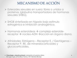 MECANISMO DE ACCIÓN 
 Esteroides sexuales en suero: libres o unidos a 
proteínas (globulina transportadora de hormonas 
sexuales SHBG). 
 SHGB sintetizada en hígado bajo estímulo 
estrogénico e inhibición androgénica. 
 Hormonas esteroideas  complejo esteroide-receptor 
 núcleo-ADN acción en órgano diana. 
 Afinidades: Estrógeno – Receptor E. / Gestágenos – 
Receptor P, RE, de mineralocorticoides y 
glucocorticoides. 
Ginecología y atención primaria: orientación en la práctica clínica. 
M. Lopez Lopez, JJ Escribano Tortora, M.T. Martinez Bermejo 
 