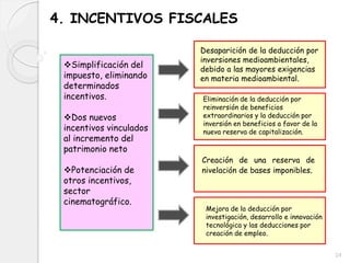4. INCENTIVOS FISCALES
Simplificación del
impuesto, eliminando
determinados
incentivos.
Dos nuevos
incentivos vinculados
al incremento del
patrimonio neto
Potenciación de
otros incentivos,
sector
cinematográfico.
Desaparición de la deducción por
inversiones medioambientales,
debido a las mayores exigencias
en materia medioambiental.
Eliminación de la deducción por
reinversión de beneficios
extraordinarios y la deducción por
inversión en beneficios a favor de la
nueva reserva de capitalización.
Creación de una reserva de
nivelación de bases imponibles.
Mejora de la deducción por
investigación, desarrollo e innovación
tecnológica y las deducciones por
creación de empleo.
24
 