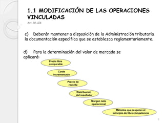 1.1 MODIFICACIÓN DE LAS OPERACIONES
VINCULADAS
Art.18 LIS
c) Deberán mantener a disposición de la Administración tributaria
la documentación específica que se establezca reglamentariamente.
d) Para la determinación del valor de mercado se
aplicará:
Precio libre
comparable
Coste
incrementado
Precio de
reventa
Distribución
del resultado
Margen neto
operacional
Métodos que respeten el
principio de libre competencia
8
 