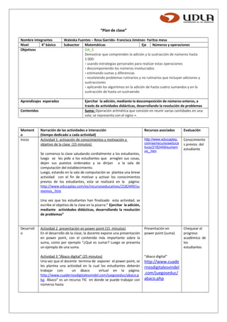 “Plan de clase”
Nombre integrantes Waleska Fuentes – Rosa Garrido- Francisca Jiménez- Yaritza mesa
Nivel 4° básico Subsector Matemáticas Eje Números y operaciones
Objetivos OA_3
Demostrar que comprenden la adición y la sustracción de números hasta
1 000:
› usando estrategias personales para realizar estas operaciones
› descomponiendo los números involucrados
› estimando sumas y diferencias
› resolviendo problemas rutinarios y no rutinarios que incluyan adiciones y
sustracciones
› aplicando los algoritmos en la adición de hasta cuatro sumandos y en la
sustracción de hasta un sustraendo
Aprendizajes esperados Ejercitar la adición, mediante la descomposición de números enteros, a
través de actividades didácticas, desarrollando la resolución de problemas
Contenidos Suma: Operación aritmética que consiste en reunir varias cantidades en una
sola; se representa con el signo +.
Moment
o
Narración de las actividades e interacción
(tiempo dedicado a cada actividad)
Recursos asociados Evaluación
Inicio Actividad 1: activación de conocimientos y motivación y
objetivo de la clase (15 minutos)
Se comienza la clase saludando cordialmente a los estudiantes,
luego se les pide a los estudiantes que arreglen sus cosas,
dejen sus puestos ordenados y se dirijan a la sala de
computación del establecimiento.
Luego, estando en la sala de computación se plantea una breve
actividad con el fin de motivar y activar los conocimientos
previos de los estudiantes, esta se realizará en la página:
http://www.educaplay.com/es/recursoseducativos/2182449/su
memos_.htm
Una vez que los estudiantes han finalizado esta actividad, se
escribe el objetivo de la clase en la pizarra:” Ejercitar la adición,
mediante actividades didácticas, desarrollando la resolución
de problemas”
http://www.educaplay.
com/es/recursoseduca
tivos/2182449/sumem
os_.htm
Conocimiento
s previos del
estudiante
Desarroll
o
Actividad 2 presentación en power point (15 minutos)
En el desarrollo de la clase, la docente expone una presentación
en power point, con el contenido más importante sobre la
suma, como por ejemplo “¿Qué es sumar? Luego se presenta
un ejemplo de una suma.
Actividad 3 “Ábaco digital” (25 minutos)
Una vez que el docente termina de exponer el power point, se
les plantea una actividad en la cual los estudiantes deberán
trabajar con un ábaco virtual en la página:
http://www.cuadernosdigitalesvindel.com/juegoseduc/abaco.p
hp Ábaco” es un recurso TIC en donde se puede trabajar con
números hasta
Presentación en
power point (suma)
“ábaco digital”
http://www.cuade
rnosdigitalesvindel
.com/juegoseduc/
abaco.php
Chequear el
progreso
académico de
los
estudiantes
 