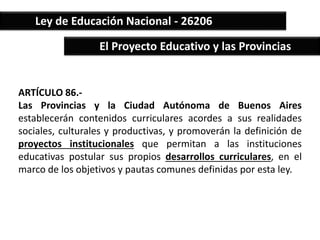 Ley de Educación Nacional - 26206 
El Proyecto Educativo y las Provincias 
ARTÍCULO 86.- 
Las Provincias y la Ciudad Autónoma de Buenos Aires 
establecerán contenidos curriculares acordes a sus realidades 
sociales, culturales y productivas, y promoverán la definición de 
proyectos institucionales que permitan a las instituciones 
educativas postular sus propios desarrollos curriculares, en el 
marco de los objetivos y pautas comunes definidas por esta ley. 
 