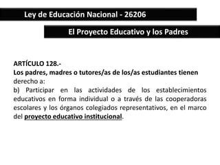 Ley de Educación Nacional - 26206 
El Proyecto Educativo y los Padres 
ARTÍCULO 128.- 
Los padres, madres o tutores/as de los/as estudiantes tienen 
derecho a: 
b) Participar en las actividades de los establecimientos 
educativos en forma individual o a través de las cooperadoras 
escolares y los órganos colegiados representativos, en el marco 
del proyecto educativo institucional. 
 