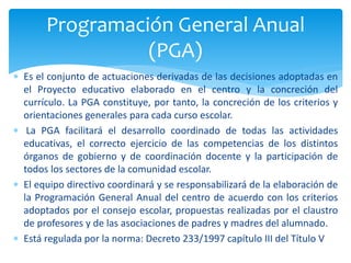  Es el conjunto de actuaciones derivadas de las decisiones adoptadas en
el Proyecto educativo elaborado en el centro y la concreción del
currículo. La PGA constituye, por tanto, la concreción de los criterios y
orientaciones generales para cada curso escolar.
 La PGA facilitará el desarrollo coordinado de todas las actividades
educativas, el correcto ejercicio de las competencias de los distintos
órganos de gobierno y de coordinación docente y la participación de
todos los sectores de la comunidad escolar.
 El equipo directivo coordinará y se responsabilizará de la elaboración de
la Programación General Anual del centro de acuerdo con los criterios
adoptados por el consejo escolar, propuestas realizadas por el claustro
de profesores y de las asociaciones de padres y madres del alumnado.
 Está regulada por la norma: Decreto 233/1997 capítulo III del Título V
Programación General Anual
(PGA)
 