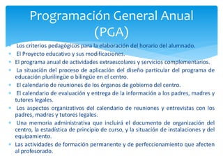  Los criterios pedagógicos para la elaboración del horario del alumnado.
 El Proyecto educativo y sus modificaciones.
 El programa anual de actividades extraescolares y servicios complementarios.
 La situación del proceso de aplicación del diseño particular del programa de
educación plurilingüe o bilingüe en el centro.
 El calendario de reuniones de los órganos de gobierno del centro.
 El calendario de evaluación y entrega de la información a los padres, madres y
tutores legales.
 Los aspectos organizativos del calendario de reuniones y entrevistas con los
padres, madres y tutores legales.
 Una memoria administrativa que incluirá el documento de organización del
centro, la estadística de principio de curso, y la situación de instalaciones y del
equipamiento.
 Las actividades de formación permanente y de perfeccionamiento que afecten
al profesorado.
Programación General Anual
(PGA)
 
