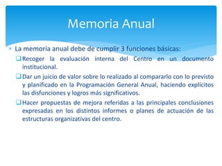  La memoria anual debe de cumplir 3 funciones básicas:
Recoger la evaluación interna del Centro en un documento
institucional.
Dar un juicio de valor sobre lo realizado al compararlo con lo previsto
y planificado en la Programación General Anual, haciendo explícitos
las disfunciones y logros más significativos.
Hacer propuestas de mejora referidas a las principales conclusiones
expresadas en los distintos informes o planes de actuación de las
estructuras organizativas del centro.
Memoria Anual
 