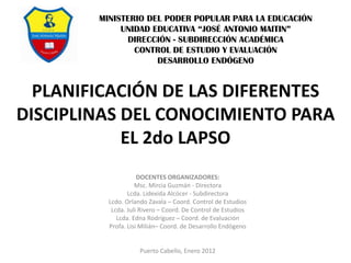MINISTERIO DEL PODER POPULAR PARA LA EDUCACIÓN
             UNIDAD EDUCATIVA “JOSÉ ANTONIO MAITIN”
              DIRECCIÓN - SUBDIRECCIÓN ACADÉMICA
                CONTROL DE ESTUDIO Y EVALUACIÓN
                     DESARROLLO ENDÓGENO


  PLANIFICACIÓN DE LAS DIFERENTES
DISCIPLINAS DEL CONOCIMIENTO PARA
            EL 2do LAPSO
                     DOCENTES ORGANIZADORES:
                    Msc. Mircia Guzmán - Directora
                 Lcda. Lidexida Alcócer - Subdirectora
          Lcdo. Orlando Zavala – Coord. Control de Estudios
           Lcda. Juli Rivero – Coord. De Control de Estudios
             Lcda. Edna Rodríguez – Coord. de Evaluación
          Profa. Lisi Milián– Coord. de Desarrollo Endógeno


                     Puerto Cabello, Enero 2012
 