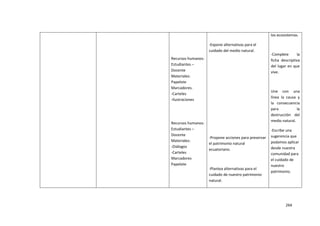 264
Recursos humanos:
Estudiantes –
Docente
Materiales:
Papelote
Marcadores.
-Carteles
-Ilustraciones
Recursos humanos:
Estudiantes –
Docente
Materiales:
-Diálogos
-Carteles
Marcadores
Papelote
-Expone alternativas para el
cuidado del medio natural.
-Propone acciones para preservar
el patrimonio natural
ecuatoriano.
-Plantea alternativas para el
cuidado de nuestro patrimonio
natural.
los ecosistemas.
-Complete la
ficha descriptiva
del lugar en que
vive.
Une con una
línea la causa y
la consecuencia
para la
destrucción del
medio natural.
-Escribe una
sugerencia que
podamos aplicar
desde nuestra
comunidad para
el cuidado de
nuestro
patrimonio.
 
