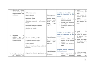 40
3. Identificarlas plantas
de su entorno y los
beneficios que de ellas
se obtienen.
4. Determinar los
cuidados que las
plantas requieren para
su supervivencia.
5. Establecer el origen de
los alimentos que
- Observar un huerto.
- Lluvia de ideas
- Recolectar plantas
- Clasificar de acuerdo a su beneficio o
utilidad.
- Identificar las partes de la planta.
- Sembrar una semilla.
- Canción: Semillita, semillita
- Cuento: La margarita blanca.
- Lluvia de ideas
- Elaborar un collage sobre el cuidado de
las plantas.
-Exponer los alimentos que traes en su
Talento humano
Huerto, plantas,
láminas, papel
bond, tijeras,
goma, v aso,
algodón.
Talento Humano
Cuento, revistas,
tijeras, goma,
papelotes.
Talento Humano
Loncheras
Identifica los beneficios que
brinda la naturaleza al ser
humano.
Selecciona plantas de
acuerdo a su utilidad.
Investiga sobre las plantas
de su medio.
Reconoce las partes de la
planta.
Identifica los beneficios que
brinda la naturaleza al ser
humano.
Conoce sobre los
cuidados que se brinda a
la planta.
Colabora con el trabajo
grupal.
Identifica, describe, compara y
clasifica alimentos.
Valora la importancia de
consumir alimentos
 Arme el
rompecabezas del
perro.
 Imite sonidos de
animales que más
conoce.
 Converse sobre
una mascota que
tiene.
 Dibuje lo
observado.
 Pegue las plantas
de acuerdo a su
utilidad.
 ubique las partes
de la planta en la
hoja de trabajo.
 Elabore un collage.
 Grafique los
cuidados que
 
