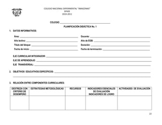 COLEGIO NACIONAL EXPERIMENTAL “AMAZONAS”
DPIIEE
2010-2011
22
COLEGIO _____________________________________________
PLANIFICACIÓN DIDÁCTICA No. 1
1. DATOS INFORMATIVOS:
Área: ____________________________________________________ Docente: ______________________________________________________
Año lectivo: ______________________________________________ Año de EGB: __________________________________________________
Título del bloque: _________________________________________ Duración: _____________________________________________________
Fecha de inicio: ___________________________________________ Fecha de terminación: __________________________________________
EJE CURRICULAR INTEGRADOR: ______________________________________________________________________________________________
EJE DE APRENDIZAJE: _______________________________________________________________________________________________________
EJE TRANSVERSAL: ________________________________________________________________________________________________________
2. OBJETIVOS EDUCATIVOS ESPECÍFICOS: ______________________________________________________________________________________
___________________________________________________________________________________________________________________________
3. RELACIÓN ENTRE COMPONENTES CURRICULARES:
DESTREZA CON
CRITERIO DE
DESEMPEÑO
ESTRATEGIAS METODOLÓGICAS RECURSOS INDICADORES ESENCIALES
DE EVALUACIÓN
INDICADORES DE LOGRO
ACTIVIDADES DE EVALUACIÓN
 