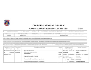 COLEGIO NACIONAL “IBARRA”
                                                             PLANIFICACIÓN MICROCURRICULAR 2012 – 2013                                                                                  ENERO
       DISCIPLINA: Matemáticas                 AÑO: Décimos.          SEMANA: 4              DOCENTES: Lic. Carlos Landeta, Lic. Miguel Bonilla                   FECHA: del 21 de enero al 1 de febrero


 BLOQUE: Relaciones y              TEMA: EVALUACIÓN                   TIEMPO: 240 min.              EJE TRANSVERSAL: “EL BUEN VIVIR”. Protección del medio ambiente. Valores: Solidaridad, respeto.
       Funciones.                      QUIMESTRAL                                                                                          Razonamiento lógico


EJE CURRICULAR INTEGRADOR: Desarrollar el pensamiento lógico y crítico para interpretar y resolver problemas de la vida.


OBJETIVOS EDUCATIVOS ESPECIFICOS: Resolver problemas con ecuaciones de primer grado mediante procesos algebraicos para desarrollar el pensamiento lógico-reflexivo.


EJE DE APRENDIZAJE: El razonamiento, la demostración, la comunicación, las conexiones y/o la representación.                  PREGUNTA ESENCIAL: ¿Cuánto sabe de los temas tratados en el quimestre?


 Destrezas con criterio     Conocimien                                     Estrategias metodológicas                                  Recurso         Indicador esencial/               Técnica / instrumento
     de desempeño                tos                                                                                                       s           indicador de logro
Resolver el instrumento     Evaluación           PROCESO DE CLASE                                                                     -            Indicador      esencial   de    TÉCNICAS FORMALES:
de           evaluación     Quimestral           Motivación: Juego matemático.                                                        instrume     evaluación.                     Técnica:
                                                 Prerrequisitos:
quimestral (P.A).                                                                                                                     nto de       Resuelve el instrumento         Instrumento     de      evaluación
                                                 -
                                                 Esquema Conceptual de partida                                                        evaluaci     de evaluación                   quimestral
                                                 -                                                                                    ón           Indicadores de logro.           Instrumento:
                                                 Construcción del conocimiento y experiencias
                                                                                                                                                        -    Lee y resuelve        Cuestionario
                                                 -
                                                 Transferencia del conocimiento y experiencias..                                                             el    cuestionario    Actividad evaluativa:
 