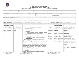COLEGIO NACIONAL “IBARRA”
                                                                 PLANIFICACIÓN MICROCURRICULAR
                                                  AÑO LECTIVO 2012 – 2.013                   SECCION NOCTURNA

         DISCIPLINA: Matemáticas              AÑO: Décimos           SEMANA: 4                      DOCENTE: Lic. Farinango A. Edgar                            FECHA: del 24 al 28 de Septiembre – 2.012


  BLOQUE: Numérico            TEMA: Polinomios: Suma y resta         TIEMPO: 240 min.       EJE TRANSVERSAL: “EL BUEN VIVIR”. Protección del medio ambiente. Valores matemáticos: precisión, memoria
                                                                                                                                         y razonamiento lógico.


EJE CURRICULAR INTEGRADOR: Desarrollar el pensamiento lógico y crítico para interpretar y resolver problemas de la vida.


OBJETIVOS EDUCATIVOS ESPECIFICOS: Resolver polinomios aplicando operaciones matemáticas y algebraicas con números reales.


EJE DE APRENDIZAJE: El razonamiento, la demostración, la comunicación, las conexiones y/o la representación.                           PREGUNTA ESENCIAL: ¿Cuánto se de los polinomios?


Destrezas con criterio                                                                                                                          Indicador esencial/
    de desempeño                Conocimientos                             Estrategias metodológicas                            Recursos          indicador de logro                Técnica / instrumento
Operar      con   números    Polinomios: Suma y             PROCESO DE CLASE                                                  - Juego         Indicador     esencial     de    TÉCNICAS FORMALES:
reales      aplicados    a   resta.                         Motivación: Juego matemático.                                     matemático      evaluación.                      Técnica:
                                                            Experiencia
polinomios (P,A).                                                                                                             -     Texto     Opera con polinomios, los        Taller
                                                            -    Revisar y reforzar ejercicios: polinomios, productos
                                                                 notables, factorización con números enteros.                 básico          factoriza     y     desarrolla   Instrumento:
                                                            Reflexión                                                         -               productos notables.              Ejercicios. Cuestionario
                                                            -    Presentar y leer un polinomio con números reales.
                                                                                                                              Elementos       Indicadores de logro.            Actividad evaluativa:
                                                            -    Analizar sus términos y las operaciones a realizar.
                                                            Conceptualización                                                 del medio       Calcula el mcd y mcm de          -Encuentra el mcd y mcm
                                                       -Adición y sustracción de polinomios con números reales:               - Ejercicios    polinomios. Suma y resta         -Lee los polinomios, identifica
                                                       -Factorizar cada denominador.
                                                                                                                                              de fracciones algebraicas.       las operaciones a resolver,
                                                       -Determinar el múltiplo común mínimo de todos los
                                                       denominadores factorizados. (Común denominador).                                                                        jerarquiza     las   mismas   y
                                                       -Dividir el común denominador entre cada uno de los                                                                     resuelve.
                                                       denominadores y este cociente multiplicarlo por cada numerador.                                                         -Aplica el algoritmo, adiciona
                                                       -Realizar las operaciones, reducir términos semejantes y
                                                       simplificar la fracción obtenida si se puede.                                                                           y        sustrae     polinomios
                                                       -Resolver ejercicios de refuerzo y aplicación.                                                                          fraccionarios.
                                                            Aplicación
                                                       -Realizar ejercicios básicos y con operaciones combinadas.
Lcdo. Farinango Edgar                            Lcdo. Palma Juan Carlos                                                   Fecha: 24 de Septiembre – 2.012
      DOCENTE                                  COORDINADOR DE AREA                                                           FECHA DE ENTREGA
 