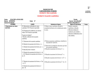 COLEGIO CEFAS 2020
PLANIFICACION MENSUAL SECUNDARIA
Unidad 2. Raíz cuadrada
Unidad 3. Ecuación cuadrática
Fechas: 13/04/2020 al 30/04/2020 Periodo: ___2__
Materia: MATEMATICA Grado: 9 ° Docente: Karina Martínez
Fecha de Formulación: Total Horas Disponibles: 15
LECCIONES CLASES Indicadores de logros Objetivo de Aprendizaje Tiempo
2. Operaciones con raíces
cuadradas
2.11. Operaciones combinadas de raíces
cuadradas 2 2.12. Practica lo aprendido
2.13. Resolución de problemas con números
reales 1 2.14. Practica lo aprendido
Prueba de la Unidad 2
1. 1Sentido y definición de la ecuación
cuadrática
1. 2. Soluciones de la ecuación cuadrática
1.3. Solución de ecuaciones de la forma x2 = c
1. 4. Solución de ecuaciones de la forma ax2 = c
1 Prueba del primer trimestre
1 .5. Solución de ecuaciones de la forma (x + m)
= n 1 .6. Solución de ecuaciones de la forma x2 +
bx = 0
1. 7. Solución de ecuaciones de la forma x2 + 2ax
+ a2 = 0
1. 8. Solución de ecuaciones de la forma (x +
a)(x + b)
2.11 Opera raíces cuadradas utlizando la
propiedad distributiva de la multiplicación sobre
la suma.
1.1 Plantea ecuaciones cuadráticas e identifica la
necesidad de resolverla.
1.2 Determina la cantidad de soluciones que tiene
una ecuación cuadrática.
1.3 Resuelve ecuaciones de la forma x2
= c.
1.4 Resuelve ecuaciones de la forma ax2
= c.
1.5 Resuelve ecuaciones de la forma (x + m)2
= n.
1.6 Resuelve ecuaciones de la forma x2
+ bx = 0.
Resolver ecuaciones
cuadráticas, utilizando
diferentes métodos de
resolución, para modelar y
solucionar problemáticas de la
vida cotidiana.
 