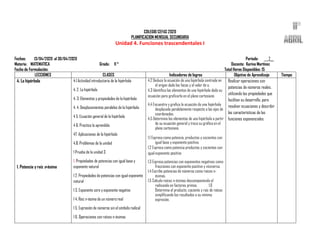 COLEGIO CEFAS 2020
PLANIFICACION MENSUAL SECUNDARIA
Unidad 4. Funciones trascendentales I
Fechas: 13/04/2020 al 30/04/2020 Periodo: ___2__
Materia: MATEMATICA Grado: 11 ° Docente: Karina Martínez
Fecha de Formulación: Total Horas Disponibles: 15
LECCIONES CLASES Indicadores de logros Objetivo de Aprendizaje Tiempo
4. La hipérbola
1. Potencia y raíz n-ésima
4.1 Actividad introductoria de la hipérbola
4. 2. La hipérbola
4. 3. Elementos y propiedades de la hipérbola
4. 4. Desplazamientos paralelos de la hipérbola
4 5. Ecuación general de la hipérbola
4 6. Practica lo aprendido
47. Aplicaciones de la hipérbola
4.8. Problemas de la unidad
1 Prueba de la unidad 3
1. Propiedades de potencias con igual base y
exponente natural
1 2. Propiedades de potencias con igual exponente
natural
1 3. Exponente cero y exponente negativo
1 4. Raíz n-ésima de un número real
1 5. Expresión de números sin el símbolo radical
1 6. Operaciones con raíces n-ésimas
4.2 Deduce la ecuación de una hipérbola centrada en
el origen dado los focos y el valor de a.
4.3 Identifica los elementos de una hipérbola dada su
ecuación para graficarla en el plano cartesiano
4.4 Encuentra y grafica la ecuación de una hipérbola
desplazada paralelamente respecto a los ejes de
coordenadas.
4.5 Determina los elementos de una hipérbola a partir
de su ecuación general y traza su gráfica en el
plano cartesiano.
1.1 Expresa como potencia, productos y cocientes con
igual base y exponente positivo.
1.2 Expresa como potencia productos y cocientes con
igual exponente positivo
1.3 Expresa potencias con exponentes negativos como
fracciones con exponente positivo y viceversa.
1.4 Escribe potencias de números como raíces n-
ésimas.
1.5 Calcula raíces n-ésimas descomponiendo el
radicando en factores primos. 1.6
Determina el producto, cociente y raíz de raíces
simplificando los resultados a su mínima
expresión.
Realizar operaciones con
potencias de números reales,
utilizando las propiedades que
facilitan su desarrollo, para
resolver ecuaciones y describir
las características de las
funciones exponenciales
 