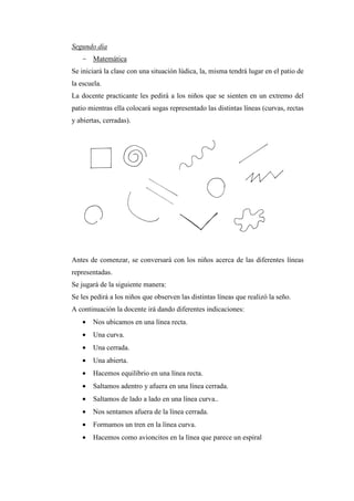 Segundo día
- Matemática
Se iniciará la clase con una situación lúdica, la, misma tendrá lugar en el patio de
la escuela.
La docente practicante les pedirá a los niños que se sienten en un extremo del
patio mientras ella colocará sogas representado las distintas líneas (curvas, rectas
y abiertas, cerradas).

Antes de comenzar, se conversará con los niños acerca de las diferentes líneas
representadas.
Se jugará de la siguiente manera:
Se les pedirá a los niños que observen las distintas líneas que realizó la seño.
A continuación la docente irá dando diferentes indicaciones:
•

Nos ubicamos en una línea recta.

•

Una curva.

•

Una cerrada.

•

Una abierta.

•

Hacemos equilibrio en una línea recta.

•

Saltamos adentro y afuera en una línea cerrada.

•

Saltamos de lado a lado en una línea curva..

•

Nos sentamos afuera de la línea cerrada.

•

Formamos un tren en la línea curva.

•

Hacemos como avioncitos en la línea que parece un espiral

 