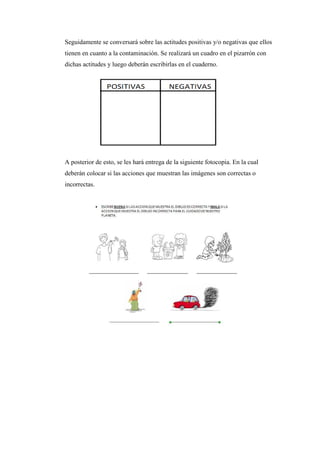 Seguidamente se conversará sobre las actitudes positivas y/o negativas que ellos
tienen en cuanto a la contaminación. Se realizará un cuadro en el pizarrón con
dichas actitudes y luego deberán escribirlas en el cuaderno.

A posterior de esto, se les hará entrega de la siguiente fotocopia. En la cual
deberán colocar si las acciones que muestran las imágenes son correctas o
incorrectas.

 