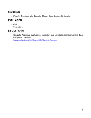 3
RECURSOS:
Pizarrón, Tizas/marcador, Borrador, Mapas, Regla, laminas, Bibliografía.
EVALUACIÓN:
Oral.
Integradora.
BIBLIOGRAFÍA:
Geografía Argentina, sus lugares, su gente y sus actividades.Arezano Mariana, Baer
Luis y otros. Santillana.
http://es.wikipedia.org/wiki/Geograf%C3%ADa_de_la_Argentina
 