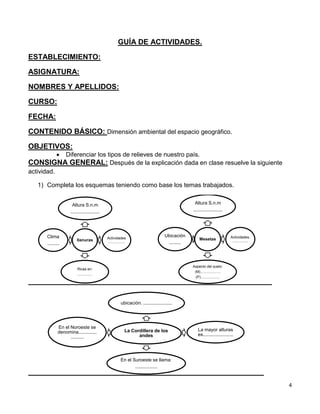4
GUÍA DE ACTIVIDADES.
ESTABLECIMIENTO:
ASIGNATURA:
NOMBRES Y APELLIDOS:
CURSO:
FECHA:
CONTENIDO BÁSICO: Dimensión ambiental del espacio geográfico.
OBJETIVOS:
Diferenciar los tipos de relieves de nuestro país.
CONSIGNA GENERAL: Después de la explicación dada en clase resuelve la siguiente
actividad.
1) Completa los esquemas teniendo como base los temas trabajados.
llanuras
Altura S.n.m
......................
Actividades
.................
Ricas en:
...............
Clima
.........
Mesetas
Altura S.n.m
......................
Actividades.
................
Aspecto del suelo:
(M)....................
(P)...................
Ubicación
.........
La Cordillera de los
andes
ubicación. ......................
La mayor alturas
es.......................
En el Suroeste se llama:
.................
En el Noroeste se
denomina..............
..........
 