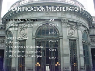 PLANIFICACIÓN PREOPERATORIA 
PLANIFICACIÓN MÉDICA 
• Estado clínico general del 
paciente 
Riesgo quirúrgico 
• Paciente 
• Condiciones del quirófano 
• Procedimiento anestésico 
• Procedimiento quirúrgico 
ASA 
Clase 1 
Clase 2 
Clase 3 
Clase 4 
Clase 5 
 