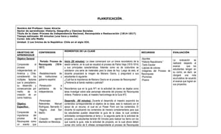 PLANIFICACIÓN
Nombre del Profesor: Isaac Alcorta
Sector de aprendizaje: Historia, Geografía y Ciencias Sociales.
Título de la clase: Proceso de Independencia Nacional, Reconquista o Restauración (1814-1817)
Tiempo estimado: 90 minutos (una hora y media)
Curso: 2do año Medio
Unidad: 2 Los Inicios de la República: Chile en el siglo XIX.
OBJETIVO DE
APRENDIZAJE
CONTENIDOS
MOMENTOS DE LA CLASE
RECURSOS EVALUACIÓN
Objetivo General:
Comprender el
proceso
independentista en
América y Chile,
considerando los
múltiples factores
que lo precipitaron,
su desarrollo y
consecuencias por
medio de la
creación de un
comic histórico.
Objetivo
Específico:
Comprender la
importancia del
proceso de
Reconquista como
un evento que
Período: Proceso de
Reconquista (1814-
1817)
-Restablecimiento de
las instituciones y
gobierno español.
-Persecución a
partidarios de la
independencia.
-Personajes
Relevantes: Manuel
Rodríguez, Bernardo O
´Higgins, José San
Martín.
-Creación ejercito
libertador en Mendoza.
Inicio (20 minutos): La clase comenzará con un breve recordatorio de la
sesión anterior, en la cual se visualizó el proceso de Patria Vieja (1810-1814)
y sus principales características. Además como es de costumbre se
solicitaron una serie de materiales para la clase de hoy. Luego de esto, el
docente proyectará la imagen de Mariano Osorio, y preguntará a sus
estudiantes lo siguiente :
¿Cuál fue la importancia de Mariano Osorio en el proceso de Reconquista?
¿Pertenecía al bando realista o patriota?
Recordemos que en la guía Nº1 en la actividad de cierre se dejaba como
tarea investigar sobre este personaje relevante del proceso de Reconquista
chilena. Posterior a esto, el maestro hará entrega de la Guía Nº2.
Desarrollo (60 minutos): Durante el desarrollo el maestro expondrá los
contenidos correspondientes al objetivo de la clase, esto lo realizará con el
apoyo de un recurso, el cual es un Power Point con los contenidos. El
docente irá explicando los contenidos de manera complementaria para que
los estudiantes puedan desarrollar la guía de la clase, la cual contiene
actividades correspondientes al tema y la segunda parte de la actividad de
proyecto. Los estudiantes tendrán 60 minutos para realizar los ítems con los
que cuenta la guía, más la actividad de proyecto, en la cual ahora deben
sumar otro comic de 6 viñetas correspondiente al proceso de Reconquista
-Apuntes
“Historia Republicana.”
-Texto Escolar
-Lápices de colores
-Imágenes del Proceso de
Reconquista
-Plumones
-Pizarra
La evaluación se
realizará respecto al
avance que los
estudiantes tengan en
su comic, es decir, se
otorgará una nota
acumulativa de acuerdo
al avance que logren en
sus proyectos.
 