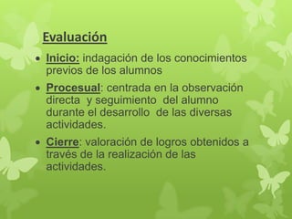 Evaluación
Inicio: indagación de los conocimientos
previos de los alumnos
Procesual: centrada en la observación
directa y seguimiento del alumno
durante el desarrollo de las diversas
actividades.

Cierre: valoración de logros obtenidos a
través de la realización de las
actividades.

 