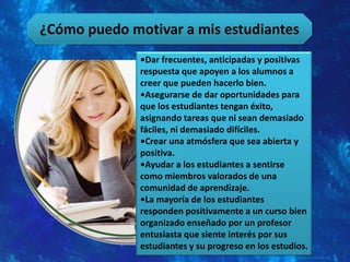 ¿Cómo puedo motivar a mis estudiantes•Dar frecuentes, anticipadas y positivas respuesta que apoyen a los alumnos a creer que pueden hacerlo bien. •Asegurarse de dar oportunidades para que los estudiantes tengan éxito, asignando tareas que ni sean demasiado fáciles, ni demasiado difíciles. •Crear una atmósfera que sea abierta y positiva.•Ayudar a los estudiantes a sentirse como miembros valorados de una comunidad de aprendizaje.•La mayoría de los estudiantes responden positivamente a un curso bien organizado enseñado por un profesor entusiasta que siente interés por sus estudiantes y su progreso en los estudios.