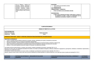 CS.2.1.9. Distinguir y apreciar las
actividades culturales (costumbres,
alimentación, tradiciones, festividades,
actividades recreativas, lenguas,
religiones, expresiones artísticas) de la
localidad, parroquia, cantón, provincia
y país.
APLICACION
 Hacer carteles de las actividades culturales
 Exponer en el aula
EJES TRANSVERSALES:
COMUNICACIONAL Y LINGÚISTICA:
 Hacer una historia con las actividades culturales
SOCIOEMOCIONAL
 Hablar sobre la importancia de asistir a clases (hacer un cartel con
los beneficios de asistir a clases, los compromisos de los
estudiantes y los docentes. Compartir con la escuela)
PLANIFICACIÓN SEMANA 4
SEMANA DE FOMENTO DE LA LECTURA
DATOS INFORMATIVOS
Nombre de la Institución: Nombre del docente:
Grado/Curso: CUARTO Fecha:
APRENDIZAJE DISCIPLINAR: LENGUA Y LITERATURA, CIENCIAS NATURALES MATEMATICAS, ESTUDIOS SOCIALES
OBJETIVOS DE APRENDIZAJE:
 Construir la identidad personal mediante la aplicación de conceptos, actitudes y habilidades que le ayuden a comprender sus emociones
 Afianzar el aprendizaje autónomo con procesos de aprendizajes contextualizados
 Desarrollar la imaginación, creatividad mediante la aplicación de estrategias metodológicas que permitan fomentar la motivación e interés por leer
 Utilizar y relacionar las operaciones básicas, el razonamiento lógico en la toma de decisiones y resolución de problemas de la vida diaria
 Mantener un clima escolar agradable que permita el respeto a la diversidad y las preferencias individuales
Crear hábitos de lectura de textos literarios y no literarios, para recrearse y satisfacer necesidades de información y aprendizaje. Ref. O.LL.2.5.
Reconocer los ciclos de vida y las características esenciales de las plantas y los animales, para establecer semejanzas y diferencias; clasificarlos en angiospermas o gimnospermas, vertebrados o invertebrados, respectivamente, y
relacionarlos con su hábitat. Ref. O.CN.2.1
Crear patrones numéricos relacionándolos con la suma, la resta y la multiplicación, para desarrollar el pensamiento lógico-matemático. Ref. (O.M.2.1.)
Descubrir y apreciar el entorno natural, cultural, social, local y provincial, identificando los símbolos asociados a la riqueza del patrimonio, como medio para construir el sentido de la identidad Ref. O.CS.2.1.
CONTENIDOS
ESENCIALES
DESTREZAS CON CRITERIOS DE
DESEMPEÑO
INDICADORES DE EVALUACIÓN ESTRATEGIAS METODOLÓGICAS ACTIVAS PARA LA ENSEÑANZA Y
APRENDIZAJE
ACTIVIDADES
EVALUATIVAS
 