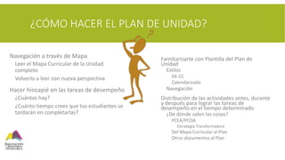 ¿CÓMO HACER EL PLAN DE UNIDAD?
 Familiarizarte con Plantilla del Plan de
Unidad
 Estilos
 DE-CC
 Calendarizado
 Navegación
 Distribución de las actividades antes, durante
y después para lograr las tareas de
desempeño en el tiempo determinado
 ¿De dónde salen las cosas?
 PCEA/PCOA
 Estrategia Transformadora
 Del Mapa Curricular al Plan
 Otros documentos al Plan
 Navegación a través de Mapa
 Leer el Mapa Curricular de la Unidad
completo
 Volverlo a leer con nueva perspectiva
 Hacer hincapié en las tareas de desempeño
 ¿Cuántas hay?
 ¿Cuánto tiempo crees que tus estudiantes se
tardarán en completarlas?
 