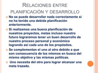 RELACIONES ENTRE
PLANIFICACIÓN Y DESARROLLO
 No se puede desarrollar nada correctamente si
no ha tenido una debida planificación
anteriormente.
 Si realizamos una buena planificación de
nuestros proyectos, metas incluso nuestro
futuro lograremos tener un buen desarrollo de
nuestro proceso personal y económico
logrando así cada uno de los propósitos.
 Se complementan el uno al otro debido a que
son consecuencia de los mismos en busca del
mismo objetivo y las mismas políticas.
 Uno necesita del otro para lograr alcanzar una
meta trazada.
 
