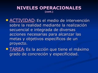 NIVELES OPERACIONALES (cont.) ACTIVIDAD :  Es el medio de intervención sobre la realidad mediante la realización secuencial e integrada de diversas acciones necesarias para alcanzar las metas y objetivos específicos de un proyecto. TAREA :  Es la acción que tiene el máximo grado de concreción y especificidad. 
