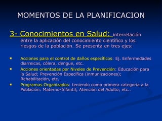 MOMENTOS DE LA PLANIFICACION 3- Conocimientos en Salud:  interrelación entre la aplicación del conocimiento científico y los riesgos de la población. Se presenta en tres ejes: Acciones para el control de daños específicos : Ej. Enfermedades diarreicas, cólera, dengue, etc.  Acciones orientadas por Niveles de Prevención : Educación para la Salud; Prevención Específica (inmunizaciones); Rehabilitación, etc.. Programas Organizados : teniendo como primera categoría a la Población: Materno-Infantil; Atención del Adulto; etc.. 