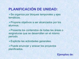 PLANIFICACIÓN DE UNIDAD:
Se organiza por bloques temporales y ejes
temáticos.
Propone objetivos a ser alcanzados por los
alumnos.
Presenta los contenidos de todas las áreas o
asignaturas que se desarrollan en el mismo
período.
Explicita las actividades generales.
Puede enunciar y anexar los proyectos
planificados.

                                         Ejemplos de:
 