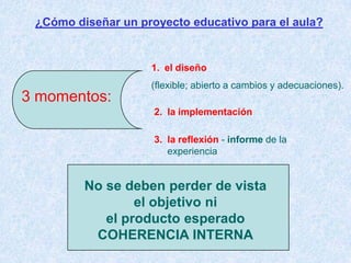 ¿Cómo diseñar un proyecto educativo para el aula?


                    1. el diseño
                    (flexible; abierto a cambios y adecuaciones).
3 momentos:
                     2. la implementación

                     3. la reflexión - informe de la
                        experiencia


         No se deben perder de vista
                 el objetivo ni
            el producto esperado
          COHERENCIA INTERNA
 