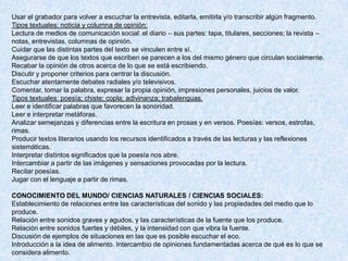 Usar el grabador para volver a escuchar la entrevista, editarla, emitirla y/o transcribir algún fragmento.
Tipos textuales: noticia y columna de opinión:
Lectura de medios de comunicación social: el diario – sus partes: tapa, titulares, secciones; la revista –
notas, entrevistas, columnas de opinión.
Cuidar que las distintas partes del texto se vinculen entre sí.
Asegurarse de que los textos que escriben se parecen a los del mismo género que circulan socialmente.
Recabar la opinión de otros acerca de lo que se está escribiendo.
Discutir y proponer criterios para centrar la discusión.
Escuchar atentamente debates radiales y/o televisivos.
Comentar, tomar la palabra, expresar la propia opinión, impresiones personales, juicios de valor.
Tipos textuales: poesía; chiste; copla; adivinanza; trabalenguas.
Leer e identificar palabras que favorecen la sonoridad.
Leer e interpretar metáforas.
Analizar semejanzas y diferencias entre la escritura en prosas y en versos. Poesías: versos, estrofas,
rimas.
Producir textos literarios usando los recursos identificados a través de las lecturas y las reflexiones
sistemáticas.
Interpretar distintos significados que la poesía nos abre.
Intercambiar a partir de las imágenes y sensaciones provocadas por la lectura.
Recitar poesías.
Jugar con el lenguaje a partir de rimas.

CONOCIMIENTO DEL MUNDO/ CIENCIAS NATURALES / CIENCIAS SOCIALES:
Establecimiento de relaciones entre las características del sonido y las propiedades del medio que lo
produce.
Relación entre sonidos graves y agudos, y las características de la fuente que los produce.
Relación entre sonidos fuertes y débiles, y la intensidad con que vibra la fuente.
Discusión de ejemplos de situaciones en las que es posible escuchar el eco.
Introducción a la idea de alimento. Intercambio de opiniones fundamentadas acerca de qué es lo que se
considera alimento.
 