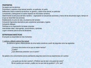 PROPÓSITOS:
Se espera que los alumnos:
Profundicen y exploren el tipo textual narrativo, en particular, el cuento.
Reflexionen sobre el sistema de escritura, en general, y sobre el tipo textual, en particular:
Comparando y distinguiendo el cuento respecto de otros textos narrativos.
Determinando la estructura del texto narrativo – organización en secuencias (acciones) y marco de las secuencias (lugar y tiempo en
el que se desarrollan las acciones)
Estableciendo el punto de vista y la presencia del narrador.
Incluyendo fragmentos descriptivos para caracterizar personajes y lugares.
Incluyendo diálogos.
Participen en la organización de tareas conjuntas.
Intercambien ideas, interrogantes, conocimientos y opiniones.
Logren consenso para la toma de decisiones.

ESTRATEGIAS DIDÁCTICAS:
El proyecto se desarrollará en tres momentos:

1. Lectura y reflexión sobre el tipo textual:
       Se definirá el género diferenciándolo de otros textos narrativos a partir de preguntas como las siguientes:

              ¿Conocen otros textos en los que se relaten hechos?
              ¿Cuáles?
              ¿Qué diferencias presentan con el cuento?

Se apelará a los conocimientos previos planteando preguntas acerca de sus experiencias con cuentos:

              ¿Les gusta que les lean cuentos? ¿Prefieren que les lean o les gusta leer solos?
              De los cuentos que conocen ¿cuáles son los que más les gustaron? ¿Por qué?
 