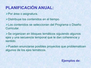 PLANIFICACIÓN ANUAL:
Por área o asignatura.
Distribuye los contenidos en el tiempo.
Los contenidos se seleccionan del Programa o Diseño
Curricular.
Se organizan en bloques temáticos siguiendo algunos
ejes y una secuencia temporal que le dan coherencia y
sentido.
Pueden enunciarse posibles proyectos que problematicen
algunos de los ejes temáticos.


                                           Ejemplos de:
 