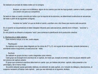 Se realizará una jornada de relatos orales con la consigna:

              Busquen, en casa o en la biblioteca, alguno de los cuentos que más les haya gustado, vuelvan a leerlo y preparen
              una versión oral para sus compañeros.

Se leerá en clase un cuento conocido por todos o por la mayoría de los alumnos y se determinará la estructura en secuencias
del relato a partir de las siguientes consignas:

              Numeren las “partes” en que se divide el cuento y escriban una o dos frases que resuma cada secuencia.

En un pizarrón se esquematizará el relato trabajado indicando para cada secuencia, además de la “síntesis”, “acciones” y
“marco”.
En otro pizarrón se ofrecerá un esquema “vacío” para comenzar la planificación de la producción colectiva.

2. Escritura de un relato colectivo:
   Este momento incluye, a su vez, cuatro etapas:

      Planificación:
   Se realizará con el grupo clase integrado por los chicos de 3º C y D, con la guía de las docentes, tomando decisiones y
acordando sobre el argumento y la estructura del relato.

        Escritura:
    Se realizará en grupos de tres o cuatro integrantes como máximo.
    Cada grupo se encargará de la escritura de un capítulo, de modo que, excepto el primero, todos los grupos deberán partir
de la lectura del capítulo anterior.
    El grupo que comienza la escritura debe tener en cuenta que, por tratarse del primer capítulo, debe presentar a los
personajes y dar el marco inicial.
    Se podrán estipular pautas generales relativas a la extensión de cada capítulo, a la inclusión de diálogos y descripciones, al
suspenso necesario al finalizar cada capítulo para que sea retomado en el siguiente, etcétera.
 