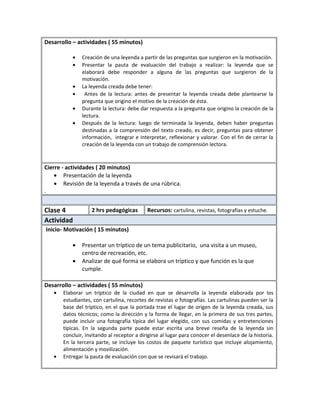 Desarrollo – actividades ( 55 minutos)
• Creación de una leyenda a partir de las preguntas que surgieron en la motivación.
• Presentar la pauta de evaluación del trabajo a realizar: la leyenda que se
elaborará debe responder a alguna de las preguntas que surgieron de la
motivación.
• La leyenda creada debe tener:
• Antes de la lectura: antes de presentar la leyenda creada debe plantearse la
pregunta que origino el motivo de la creación de ésta.
• Durante la lectura: debe dar respuesta a la pregunta que origino la creación de la
lectura.
• Después de la lectura: luego de terminada la leyenda, deben haber preguntas
destinadas a la comprensión del texto creado, es decir, preguntas para obtener
información, integrar e interpretar, reflexionar y valorar. Con el fin de cerrar la
creación de la leyenda con un trabajo de comprensión lectora.
Cierre - actividades ( 20 minutos)
• Presentación de la leyenda
• Revisión de la leyenda a través de una rúbrica.
.
Clase 4 2 hrs pedagógicas Recursos: cartulina, revistas, fotografías y estuche.
Actividad
Inicio- Motivación ( 15 minutos)
• Presentar un tríptico de un tema publicitario, una visita a un museo,
centro de recreación, etc.
• Analizar de qué forma se elabora un tríptico y que función es la que
cumple.
Desarrollo – actividades ( 55 minutos)
• Elaborar un tríptico de la ciudad en que se desarrolla la leyenda elaborada por los
estudiantes, con cartulina, recortes de revistas o fotografías. Las cartulinas pueden ser la
base del tríptico, en el que la portada trae el lugar de origen de la leyenda creada, sus
datos técnicos; como la dirección y la forma de llegar, en la primera de sus tres partes,
puede incluir una fotografía típica del lugar elegido, con sus comidas y entretenciones
típicas. En la segunda parte puede estar escrita una breve reseña de la leyenda sin
concluir, invitando al receptor a dirigirse al lugar para conocer el desenlace de la historia.
En la tercera parte, se incluye los costos de paquete turístico que incluye alojamiento,
alimentación y movilización.
• Entregar la pauta de evaluación con que se revisará el trabajo.
 