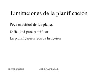Limitaciones de la planificación Poca exactitud de los planes Dificultad para planificar La planificación retarda la acción 