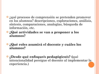 ¿qué procesos de comprensión se pretenden promover en los alumnos? descripciones, exploraciones, análisis, síntesis, comparaciones, analogías, búsqueda de información, etc.  ¿Qué actividades se van a proponer a los alumnos?  ¿Qué roles asumirá el docente y cuáles los alumnos?  ¿Desde qué enfoque/s pedagógico/s? ( qué intencionalidad persigue el docente al implementar la experiencia.) 