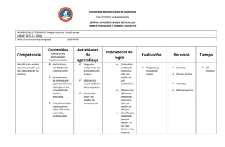 Universidad Mariano Gálvez de Guatemala
FACULTAD DE HUMANIDADES
CENTRO UNIVERSITARIO DE RETALHULEU
PEM EN PEDAGOGIA Y ADMÓN EDUCATIVA
NOMBRE DEL ESTUDIANTE: Magda Carolina Tista Gramajo.
CARNÉ: 5671-13-12648
ÁREA:Comunicación y Lenguaje
SUB-ÁREA:

Contenidos
Competencia

(Declarativos
Actitudinales
Procedimentales)

Identifica los medios
de comunicación y el
uso adecuado en su
entorno.

 Declarativos:
Los Medios de
Comunicación.
 Actitudinales:
Se interesa por
aprender el tema.
Participa en las
actividades de
manera
adecuada.
 Procedimentales:
Explicación en
clase utilizando
los medios
audiovisuales.

Actividades
de
aprendizaje
 Preguntas
orales antes de
la introducción
al tema.
 Motivación
inicial: teléfono
descompuesto.
 Conclusión
sobre los
medios de
comunicación

Indicadores de
logro
Conoce los
medios de
comunicación por
medio de
una
explicación.
Observa los
diferentes
medios de
comunicación por
medio de
dibujos.
Identifica los
medios de
comunicación y el
uso que
tienen en su
entorno.

Evaluación
 Preguntas y
respuestas
orales.

Recursos
 Carteles.
 Pizarra de tiza.
 Acetatos.
 Retroproyector.

Tiempo
 40
minutos

 