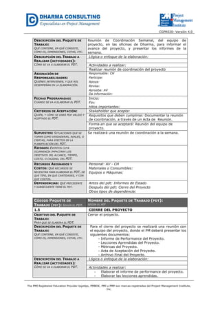CGPR020- Versión 4.0
The PMI Registered Education Provider logotipo, PMBOK, PMI y PMP son marcas registradas del Project Management Institute,
Inc.
DESCRIPCIÓN DEL PAQUETE DE
TRABAJO:
QUÉ CONTIENE, EN QUÉ CONSISTE,
CÓMO ES, DIMENSIONES, COTAS, ETC.
Reunión de Coordinación Semanal, del equipo de
proyecto, en las oficinas de Dharma, para informar el
avance del proyecto, y presentar los informes de la
semana.
DESCRIPCIÓN DEL TRABAJO A
REALIZAR (ACTIVIDADES):
CÓMO SE VA A ELABORAR EL PDT.
Lógica o enfoque de la elaboración:
Actividades a realizar:
Realizar reunión de coordinación del proyecto
ASIGNACIÓN DE
RESPONSABILIDADES:
QUIÉNES INTERVIENEN, Y QUE ROL
DESEMPEÑAN EN LA ELABORACIÓN.
Responsable: CH
Participa:
Apoya:
Revisa:
Aprueba: AV
Da información:
FECHAS PROGRAMADAS:
CUÁNDO SE VA A ELABORAR EL PDT.
Inicio:
Fin:
Hitos importantes:
CRITERIOS DE ACEPTACIÓN:
QUIÉN, Y CÓMO SE DARÁ POR VALIDO Y
ACEPTADO EL PDT.
Stakeholder que acepta:
Requisitos que deben cumplirse: Documentar la reunión
de coordinación, a través de un Acta de Reunión.
Forma en que se aceptará: Reunión del equipo de
proyecto.
SUPUESTOS: SITUACIONES QUE SE
TOMAN COMO VERDADERAS, REALES, O
CIERTAS, PARA EFECTOS DE LA
PLANIFICACIÓN DEL PDT.
Se realizará una reunión de coordinación a la semana.
RIESGOS: EVENTOS CUYA
OCURRENCIA IMPACTARÁ LOS
OBJETIVOS DEL ALCANCE, TIEMPO,
COSTO, O CALIDAD, DEL PDT.
RECURSOS ASIGNADOS Y
COSTOS: QUÉ RECURSOS SE
NECESITAN PARA ELABORAR EL PDT, DE
QUE TIPO, EN QUE CANTIDADES, Y CON
QUE COSTOS.
Personal: AV - CH
Materiales o Consumibles:
Equipos o Máquinas:
DEPENDENCIAS: QUÉ PRECEDENTE
Y SUBSECUENTE TIENE EL PDT.
Antes del pdt: Informes de Estado
Después del pdt: Cierre del Proyecto
Otros tipos de dependencia:
CÓDIGO PAQUETE DE
TRABAJO (PDT): SEGÚN EL PDT.
NOMBRE DEL PAQUETE DE TRABAJO (PDT):
SEGÚN EL PDT
1.5 CIERRE DEL PROYECTO
OBJETIVO DEL PAQUETE DE
TRABAJO:
PARA QUE SE ELABORA EL PDT.
Cerrar el proyecto.
DESCRIPCIÓN DEL PAQUETE DE
TRABAJO:
QUÉ CONTIENE, EN QUÉ CONSISTE,
CÓMO ES, DIMENSIONES, COTAS, ETC.
Para el cierre del proyecto se realizará una reunión con
el equipo del proyecto, donde el PM deberá presentar los
siguientes documentos:
- Informe de Performance del Proyecto.
- Lecciones Aprendidas del Proyecto.
- Métricas del Proyecto.
- Acta de Aceptación del Proyecto.
- Archivo Final del Proyecto.
DESCRIPCIÓN DEL TRABAJO A
REALIZAR (ACTIVIDADES):
CÓMO SE VA A ELABORAR EL PDT.
Lógica o enfoque de la elaboración:
Actividades a realizar:
- Elaborar el informe de performance del proyecto.
- Elaborar las lecciones aprendidas.
 