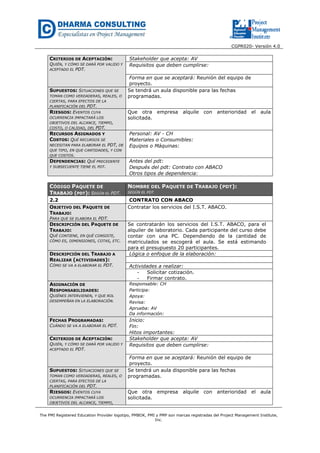 CGPR020- Versión 4.0
The PMI Registered Education Provider logotipo, PMBOK, PMI y PMP son marcas registradas del Project Management Institute,
Inc.
CRITERIOS DE ACEPTACIÓN:
QUIÉN, Y CÓMO SE DARÁ POR VALIDO Y
ACEPTADO EL PDT.
Stakeholder que acepta: AV
Requisitos que deben cumplirse:
Forma en que se aceptará: Reunión del equipo de
proyecto.
SUPUESTOS: SITUACIONES QUE SE
TOMAN COMO VERDADERAS, REALES, O
CIERTAS, PARA EFECTOS DE LA
PLANIFICACIÓN DEL PDT.
Se tendrá un aula disponible para las fechas
programadas.
RIESGOS: EVENTOS CUYA
OCURRENCIA IMPACTARÁ LOS
OBJETIVOS DEL ALCANCE, TIEMPO,
COSTO, O CALIDAD, DEL PDT.
Que otra empresa alquile con anterioridad el aula
solicitada.
RECURSOS ASIGNADOS Y
COSTOS: QUÉ RECURSOS SE
NECESITAN PARA ELABORAR EL PDT, DE
QUE TIPO, EN QUE CANTIDADES, Y CON
QUE COSTOS.
Personal: AV - CH
Materiales o Consumibles:
Equipos o Máquinas:
DEPENDENCIAS: QUÉ PRECEDENTE
Y SUBSECUENTE TIENE EL PDT.
Antes del pdt:
Después del pdt: Contrato con ABACO
Otros tipos de dependencia:
CÓDIGO PAQUETE DE
TRABAJO (PDT): SEGÚN EL PDT.
NOMBRE DEL PAQUETE DE TRABAJO (PDT):
SEGÚN EL PDT
2.2 CONTRATO CON ABACO
OBJETIVO DEL PAQUETE DE
TRABAJO:
PARA QUE SE ELABORA EL PDT.
Contratar los servicios del I.S.T. ABACO.
DESCRIPCIÓN DEL PAQUETE DE
TRABAJO:
QUÉ CONTIENE, EN QUÉ CONSISTE,
CÓMO ES, DIMENSIONES, COTAS, ETC.
Se contratarán los servicios del I.S.T. ABACO, para el
alquiler de laboratorio. Cada participante del curso debe
contar con una PC. Dependiendo de la cantidad de
matriculados se escogerá el aula. Se está estimando
para el presupuesto 20 participantes.
DESCRIPCIÓN DEL TRABAJO A
REALIZAR (ACTIVIDADES):
CÓMO SE VA A ELABORAR EL PDT.
Lógica o enfoque de la elaboración:
Actividades a realizar:
- Solicitar cotización.
- Firmar contrato.
ASIGNACIÓN DE
RESPONSABILIDADES:
QUIÉNES INTERVIENEN, Y QUE ROL
DESEMPEÑAN EN LA ELABORACIÓN.
Responsable: CH
Participa:
Apoya:
Revisa:
Aprueba: AV
Da información:
FECHAS PROGRAMADAS:
CUÁNDO SE VA A ELABORAR EL PDT.
Inicio:
Fin:
Hitos importantes:
CRITERIOS DE ACEPTACIÓN:
QUIÉN, Y CÓMO SE DARÁ POR VALIDO Y
ACEPTADO EL PDT.
Stakeholder que acepta: AV
Requisitos que deben cumplirse:
Forma en que se aceptará: Reunión del equipo de
proyecto.
SUPUESTOS: SITUACIONES QUE SE
TOMAN COMO VERDADERAS, REALES, O
CIERTAS, PARA EFECTOS DE LA
PLANIFICACIÓN DEL PDT.
Se tendrá un aula disponible para las fechas
programadas.
RIESGOS: EVENTOS CUYA
OCURRENCIA IMPACTARÁ LOS
OBJETIVOS DEL ALCANCE, TIEMPO,
Que otra empresa alquile con anterioridad el aula
solicitada.
 