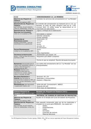 CGPR020- Versión 4.0
The PMI Registered Education Provider logotipo, PMBOK, PMI y PMP son marcas registradas del Project Management Institute,
Inc.
2.3.2 CONCESIONARIO C.C. LA MONEDA
OBJETIVO DEL PAQUETE DE
TRABAJO:
PARA QUE SE ELABORA EL PDT.
Contratar los servicios del concesionario C.C “La Moneda”.
DESCRIPCIÓN DEL PAQUETE DE
TRABAJO:
QUÉ CONTIENE, EN QUÉ CONSISTE,
CÓMO ES, DIMENSIONES, COTAS, ETC.
El contrato del concesionario se realizará con el C.C. La
Moneda, el costo de cada refrigerio será de S/. 3.00
(incluye IGV). El coffee break se desarrollará en el
intermedio de cada sesión.
DESCRIPCIÓN DEL TRABAJO A
REALIZAR (ACTIVIDADES):
CÓMO SE VA A ELABORAR EL PDT.
Lógica o enfoque de la elaboración:
Actividades a realizar:
Solicitar cotización.
Firmar contrato.
ASIGNACIÓN DE
RESPONSABILIDADES:
QUIÉNES INTERVIENEN, Y QUE ROL
DESEMPEÑAN EN LA ELABORACIÓN.
Responsable: CH
Participa:
Apoya:
Revisa:
Aprueba: AV
Da información:
FECHAS PROGRAMADAS:
CUÁNDO SE VA A ELABORAR EL PDT.
Inicio:
Fin:
Hitos importantes:
CRITERIOS DE ACEPTACIÓN:
QUIÉN, Y CÓMO SE DARÁ POR VALIDO Y
ACEPTADO EL PDT.
Stakeholder que acepta: AV
Requisitos que deben cumplirse:
Forma en que se aceptará: Reunión del equipo de proyecto
SUPUESTOS: SITUACIONES QUE SE
TOMAN COMO VERDADERAS, REALES, O
CIERTAS, PARA EFECTOS DE LA
PLANIFICACIÓN DEL PDT.
Los costos del concesionario del C.C “La Moneda” son los
presupuestados.
RIESGOS: EVENTOS CUYA
OCURRENCIA IMPACTARÁ LOS
OBJETIVOS DEL ALCANCE, TIEMPO,
COSTO, O CALIDAD, DEL PDT.
RECURSOS ASIGNADOS Y
COSTOS: QUÉ RECURSOS SE
NECESITAN PARA ELABORAR EL PDT, DE
QUE TIPO, EN QUE CANTIDADES, Y CON
QUE COSTOS.
Personal: AV- CH
Materiales o Consumibles:
Equipos o Máquinas:
DEPENDENCIAS: QUÉ PRECEDENTE
Y SUBSECUENTE TIENE EL PDT.
Antes del pdt: Concesionario ABACO
Después del pdt:
Otros tipos de dependencia:
CÓDIGO PAQUETE DE
TRABAJO (PDT): SEGÚN EL PDT.
NOMBRE DEL PAQUETE DE TRABAJO (PDT):
SEGÚN EL PDT
3.1 MATERIAL DE CURSOS DE GESTION DE PROYECTOS
OBJETIVO DEL PAQUETE DE
TRABAJO:
PARA QUE SE ELABORA EL PDT.
Ayudar en el dictado del Curso de Gestión de Proyectos.
DESCRIPCIÓN DEL PAQUETE DE
TRABAJO:
QUÉ CONTIENE, EN QUÉ CONSISTE,
CÓMO ES, DIMENSIONES, COTAS, ETC.
Este paquete comprende cada uno de los materiales a
emplear en el curso para PRODUCE , los cuales son :
- Sílabo.
- Presentaciones.
- Casos.
- Formatos.
- Controles de Lectura.
- Material Adicional.
 
