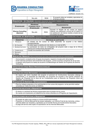 CGPR020- Versión 4.0
The PMI Registered Education Provider logotipo, PMBOK, PMI y PMP son marcas registradas del Project Management Institute,
Inc.
Muy alto RE08
El proyecto debe ser rentable y ejecutarse en
el tiempo previsto.
REQUISITOS DE CALIDAD: DESCRIBIR REQUISITOS RELATIVOS A NORMAS O ESTÁNDARES DE CALIDAD, O LA
SATISFACCIÓN Y CUMPLIMIENTO DE FACTORES RELEVANTES DE CALIDAD.
STAKEHOLDER
PRIORIDAD
OTORGADA POR EL
STAKEHOLDER
REQUERIMIENTOS
CÓDIGO DESCRIPCIÓN
Dharma Consulting
(Sponsor)
Muy alto RE09
Durante el dictado de los cursos se espera
obtener una calificación mínima de 4.0 sobre 5.0
de satisfacción del cliente medida a través de las
encuestas de sesión.
CRITERIOS DE ACEPTACIÓN: ESPECIFICACIONES O REQUISITOS DE RENDIMIENTO, FUNCIONALIDAD, ETC., QUE
DEBEN CUMPLIRSE ANTES DE ACEPTAR EL PROYECTO.
CONCEPTOS CRITERIOS DE ACEPTACIÓN
1. TÉCNICOS El dictado de los cursos se debe desarrollar de acuerdo a los sílabos
correspondientes.
2. DE CALIDAD Se debe lograr la satisfacción del cliente a un nivel de 80%.
3. ADMINISTRATIVOS La aprobación de todos los entregables del proyecto está a cargo de la Oficina
Técnica de Constructores Asociados SA.
4. COMERCIALES Cumplir los acuerdos del Contrato.
5. SOCIALES
6. OTROS
REGLAS DEL NEGOCIO: REGLAS PRINCIPALES QUE FIJAN LOS PRINCIPIOS GUÍAS DE LA ORGANIZACIÓN.
- Comunicación constante entre el equipo de proyecto, respecto a la ejecución del proyecto.
- Emitir informes periódicos del rendimiento del proyecto, y tomar acciones correctivas de ser el caso.
- La gestión del proyecto se realiza de acuerdo a la Metodología de Gestión de Proyectos de Dharma
Consulting.
IMPACTOS EN OTRAS ÁREAS ORGANIZACIONALES
- Ninguno.
IMPACTOS EN OTRAS ENTIDADES: DENTRO O FUERA DE LA ORGANIZACIÓN EJECUTANTE.
- Se espera que como resultado del proyecto el personal de Constructores Asociados obtenga el
conocimiento y la capacidad de desarrollar sus proyectos de acuerdo a las buenas prácticas de
Gestión de Proyectos de la Guía de los Fundamentos para la Dirección de Proyectos (Guía del
PMBOK
®
), Tercera Edición
REQUISITOS DE SOPORTE Y ENTRENAMIENTO
- Para los trabajos asignados a los participantes en los cursos del programa se les permitirá realizar
consultas por medio de correo y/o teléfono.
SUPUESTOS RELATIVOS A REQUISITOS
- El cliente no cambiará las fechas programadas para el dictado de los cursos.
- Se cuenta con el personal y el material de los cursos ofrecidos en el Programa de Capacitación.
RESTRICCIONES RELATIVAS A REQUISITOS
- El dictado de cada curso incluye un mínimo de 60 horas lectivas.
- Presentar un Informe Mensual de las tareas realizadas, y un Informe Final de las memorias, ambos
informes deben ser revisados y aprobados por el Comité Técnico de Constructores Asociados.
- El pago del servicio está sujeto a la aprobación de los Informes Mensuales.
 