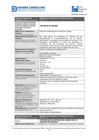 CGPR020- Versión 4.0
The PMI Registered Education Provider logotipo, PMBOK, PMI y PMP son marcas registradas del Project Management Institute,
Inc.
CÓDIGO PAQUETE DE
TRABAJO (PDT): SEGÚN EL PDT.
NOMBRE DEL PAQUETE DE TRABAJO (PDT):
SEGÚN EL PDT
3.2.1.2; 3.2.2.2; 3.2.3.2;
3.2.4.2; 3.2.5.2; 3.2.6.2;
3.2.7.2; 3.2.8.2; 3.2.9.2;
3.2.10.2; 3.2.11.2;
3.2.12.2
INFORME DE SESIÓN
OBJETIVO DEL PAQUETE DE
TRABAJO:
PARA QUE SE ELABORA EL PDT.
Informar resultados de la sesión de clases.
DESCRIPCIÓN DEL PAQUETE DE
TRABAJO:
QUÉ CONTIENE, EN QUÉ CONSISTE,
CÓMO ES, DIMENSIONES, COTAS, ETC.
Por cada sesión se presentará un informe con las
observaciones y recomendaciones de la sesión,
adjuntando el resultado de la encuesta de la sesión y los
resultados acumulados, el acta de asistencia, y
resultados de los controles de lectura, cuando
corresponda. Este informe será enviado al cliente para
mantenerlo informado sobre el desarrollo del curso.
DESCRIPCIÓN DEL TRABAJO A
REALIZAR (ACTIVIDADES):
CÓMO SE VA A ELABORAR EL PDT.
Lógica o enfoque de la elaboración:
Actividades a realizar:
Elaborar el informe de la sesión.
Revisar el Informe.
ASIGNACIÓN DE
RESPONSABILIDADES:
QUIÉNES INTERVIENEN, Y QUE ROL
DESEMPEÑAN EN LA ELABORACIÓN.
Responsable: CH –AV
Participa:
Apoya:DB – DV
Revisa:
Aprueba: AV
Da información:
FECHAS PROGRAMADAS:
CUÁNDO SE VA A ELABORAR EL PDT.
Inicio:
Fin:
Hitos importantes:
CRITERIOS DE ACEPTACIÓN:
QUIÉN, Y CÓMO SE DARÁ POR VALIDO Y
ACEPTADO EL PDT.
Stakeholder que acepta: AV
Requisitos que deben cumplirse: El informe debe
redactarse de forma objetiva y clara.
Forma en que se aceptará: Reunión del equipo de
proyecto
SUPUESTOS: SITUACIONES QUE SE
TOMAN COMO VERDADERAS, REALES, O
CIERTAS, PARA EFECTOS DE LA
PLANIFICACIÓN DEL PDT.
RIESGOS: EVENTOS CUYA
OCURRENCIA IMPACTARÁ LOS
OBJETIVOS DEL ALCANCE, TIEMPO,
COSTO, O CALIDAD, DEL PDT.
RECURSOS ASIGNADOS Y
COSTOS: QUÉ RECURSOS SE
NECESITAN PARA ELABORAR EL PDT, DE
QUE TIPO, EN QUE CANTIDADES, Y CON
QUE COSTOS.
Personal: AV – DV – DB -CH
Materiales o Consumibles:
Equipos o Máquinas:
DEPENDENCIAS: QUÉ PRECEDENTE
Y SUBSECUENTE TIENE EL PDT.
Antes del pdt: Dictado del Curso de Gestión de Proyectos
Después del pdt:
Otros tipos de dependencia:
CÓDIGO PAQUETE DE
TRABAJO (PDT): SEGÚN EL PDT.
NOMBRE DEL PAQUETE DE TRABAJO (PDT):
SEGÚN EL PDT
4.1.1
CONTROLES DE LECTURA DEL CURSO DE G.P.
USANDO MS PROJECT
OBJETIVO DEL PAQUETE DE Elaborar los controles de lectura del Curso de G.P usando
 
